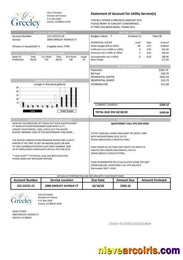 USA Colorado City of Greeley water utility bill